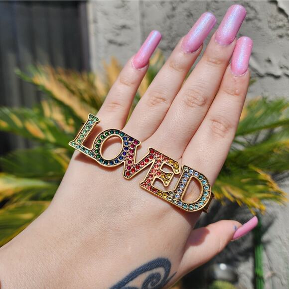 Gucci LOVED Palm Cuff Rainbow Rhinestone Gold Tone Swarovski Crystal Bracelet - Picture 1 of 16